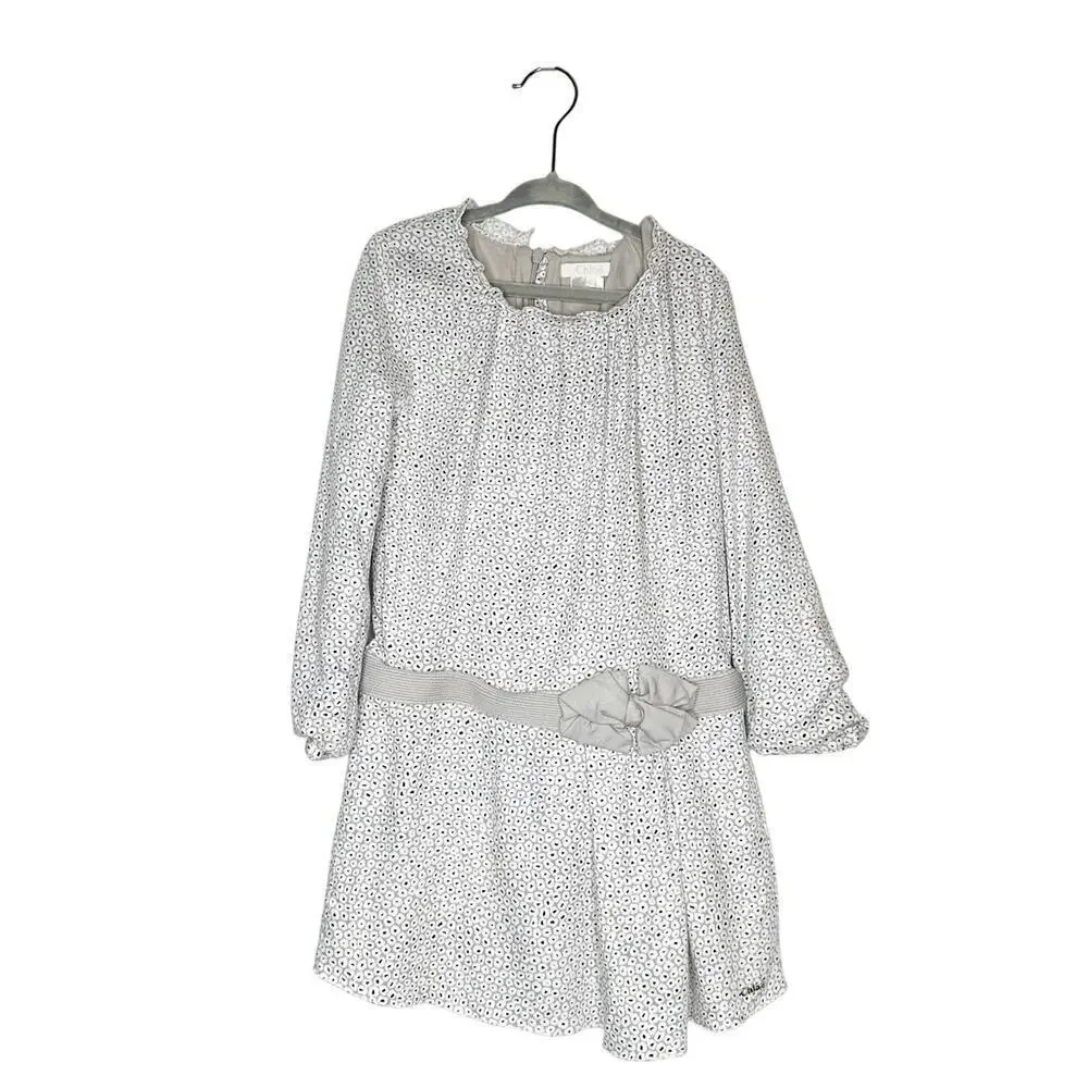 Chloe Girl's Drop Waist Long Sleeve Bow Dress Gray White Size 6
